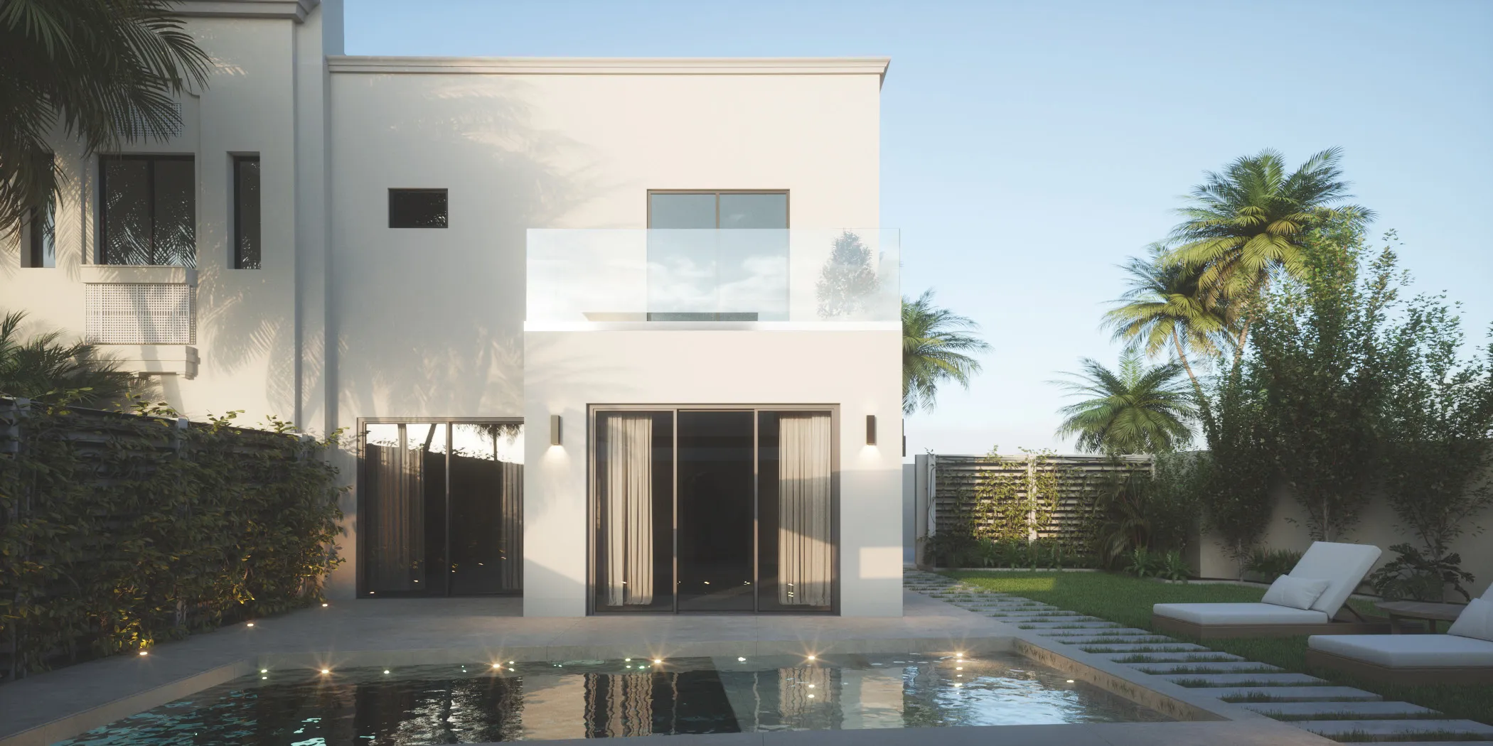 Elegant modern villa with glass balcony and pool area surrounded by greenery, designed by Al Ayid Fund LLC in Qatar's luxury real estate sector.